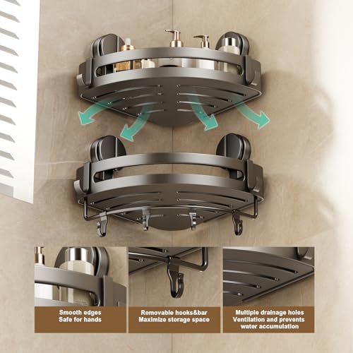 VOLPONE Corner Shower Caddy Suction Cup, 2 Pack Shower Shelves No Drilling, Showers Organizer Storage with Towel Bar & Removable Hooks, Bathroom Shower Shelf Rack for Inside Showers - Image 5