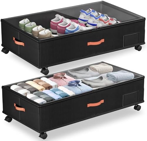Under Bed Storage with Wheels,2-Pack Under Bed Storage Containers with Clear Lids,XXL Large Under the Bed Storage Organizer Bins With Handles,Space Saving Design for Clothes,Shoes,Books-Black by Ashwanth