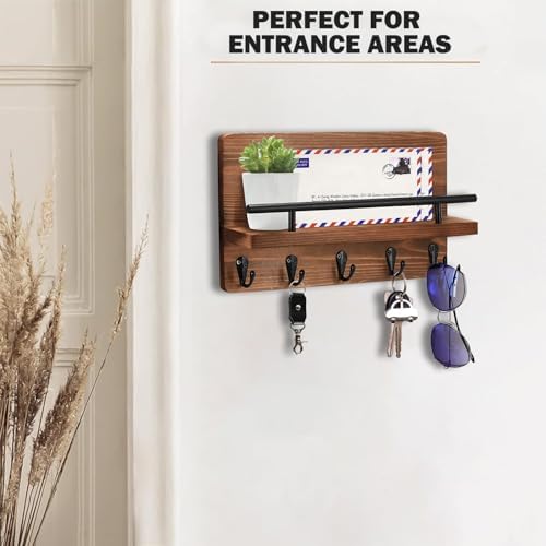 Key Holder for Wall with Mail Holder, Decorative Wooden Key Holder Wall Mount, Mail Rack Organizer with Shelf for for Entryway Office Hallway Home Decor, Rustic Brown - Image 6