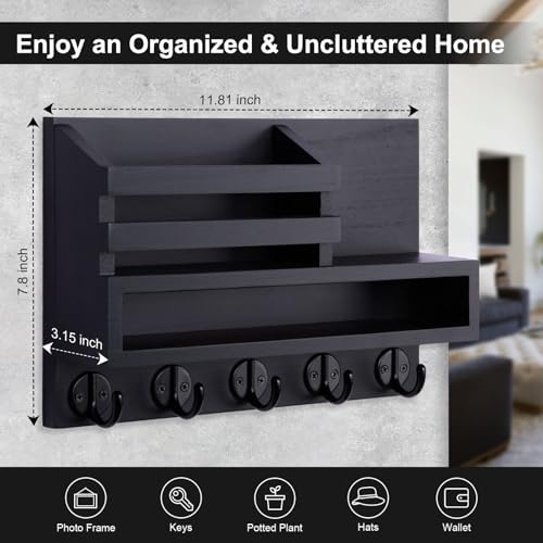 Key and Mail Holder Wall Mount, Key Hanger with Long Storage Box and 5 Hooks for Coat, Dog Leash, Home Decor Rack, House Accessories, Entry Way Organizer 11.8”W x 7.8”H x 3.2”D - Image 2