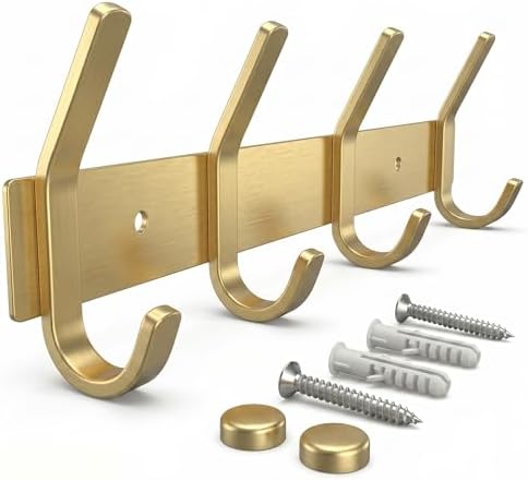 Brushed Gold Wall Mounted Coat Rack – 12 Inch Stainless Steel Rail with 4 Double Coat Hooks for Entryway, Bathroom, Bedroom, Kitchen – Modern Gold Hook Rack for Coats, Hats, Towels by SAYONEYES