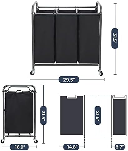 STO STO Laundry Sorter 3 Section, 3 Bag Clothes Hamper, Rolling Laundry Cart Basket with Heavy Duty Lockable Wheels and Removable Bag for Laundry Room, Bedroom, Closet, Black - Image 6