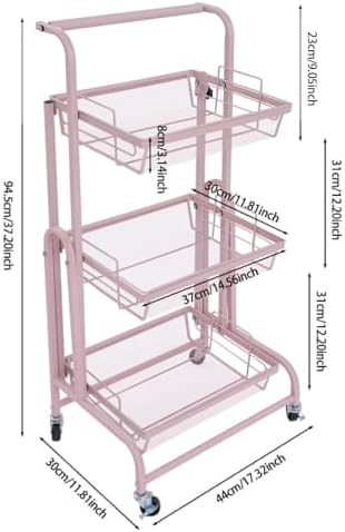 3 Tier Foldable Rolling Cart, Metal Rolling Utility Cart Adjustable Movable Storage Organizer with Wheels for Living Room, Kitchen, Bathroom Bedroom and Office, Pink (Pink) - Image 6