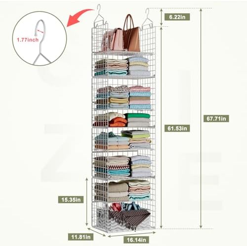 X-cosrack 8-Tier Closet Hanging Organizer Shelf - Hanging Clothes Organizer Shelves, Metal & Foldable Hanging Closet Organizer Baskets with Adjustable Dividers for Clothing Sweaters Shoes Handbags - Image 2