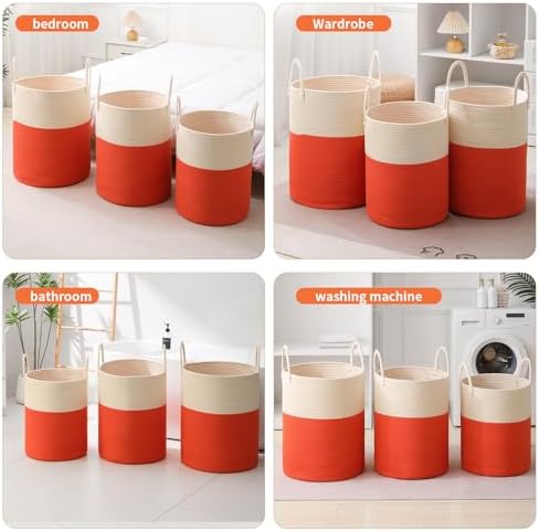 Woven Laundry Hamper Tall Rope Storage Basket for Blanket oys Dirty Clothes in Living Room Bathroom Bedroom (White&Orange, 60L/15.8Gal) - Image 4
