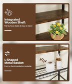 4-Tier Over-the-Toilet Storage Rack with One-Piece Wooden Shelves & Open Net Basket, Bathroom Organizer with Adjustable Feet & Anti-Tip Kit, Space-Saving Toilet Shelf, Brown, 24.4" x 9.4" x 69.3" - Image 4