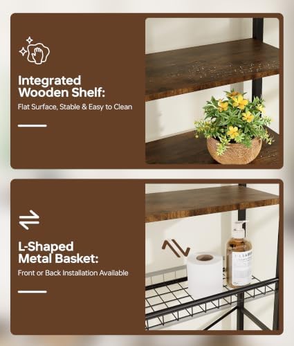 4-Tier Over-the-Toilet Storage Rack with One-Piece Wooden Shelves & Open Net Basket, Bathroom Organizer with Adjustable Feet & Anti-Tip Kit, Space-Saving Toilet Shelf, Brown, 24.4" x 9.4" x 69.3" - Image 4