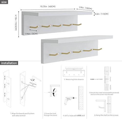 Marine Plywood Wall Mounted Coat Rack with Shelf & Key Hooks, 5 Brass Hooks Entryway Organizer, Modern Floating Shelf for Bedroom Hallway, Space-Saving Home Storage Rack (2, White) - Image 6