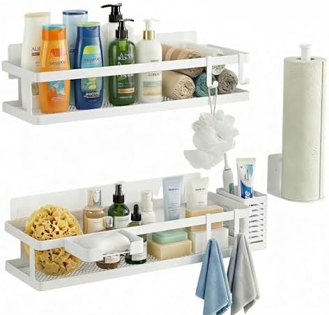 PUSDON 5-in-1 16.5" Extra Long Kitchen Organizer & Shower Caddy Set, Wall Mount Spice Rack with Paper Towel Holder, Utensil Holder & Soap Dish, Rustproof Mesh - White, Guardrail by PUSDON