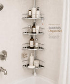 ALLZONE Corner Shower Caddy Tension Pole, 4 Hang-On Basket with Mixed-Height Shelves for Various Bottle Sizes, Extra Hooks & Soap Holder, Rustproof Stainless Steel, Fits 34–116 Inch, Silver/Dark Gray - Image 6