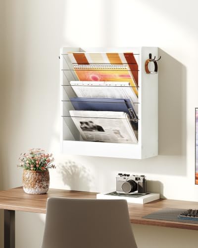 CHOEZON Wall File Holder, 6-Tier File Organizer, Office Supplies Storage Rack, Versatile Desktop Organizer, with Detachable Shelves, with Side Hooks, for Living Room, Study, Home Office, White MWJ02WB - Image 4