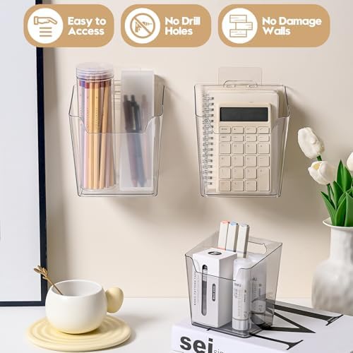 Clear Acrylic Pen Holder, 6 Pack Cabinet Door Organizer Adhesive, Bathroom Wall Mount Caddy Kitchen Plastic Storage Bin Box for Office Marker,Art Supply, Small Cleaning Supply, Seasoning Drink Packet - Image 5