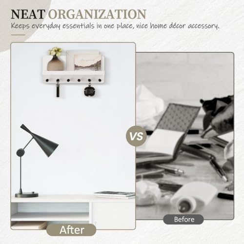 Nekon Key Holder for Wall with Shelf, Pine Wooden Key Hanger, White - Image 7