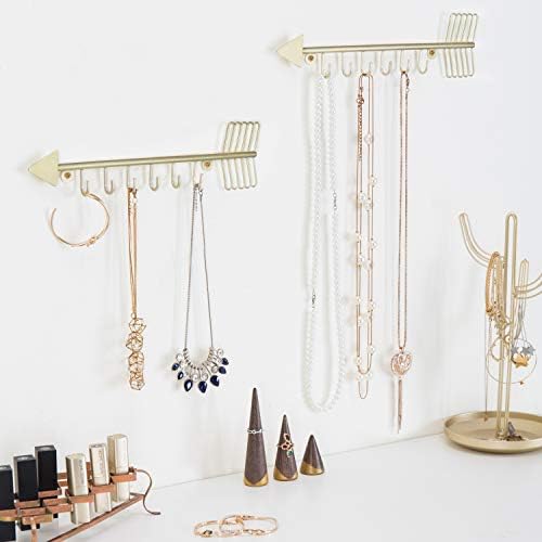 MyGift Brass-Tone Metal Wall Mounted Arrow Design Necklace Organizer Rack with 6 Hooks, Set of 2 - Image 3