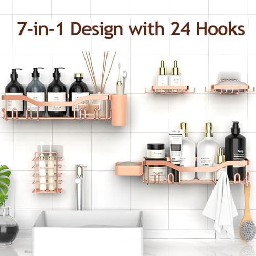 NESOMI Shower Caddy Adhesive Shower Organizer 7-Pack, Rustproof Stainless Steel Bathroom Shelves, Large Capacity No-Drill Rack Storage Accessories with Soap Dish Toothbrush Holder Hooks - Image 4