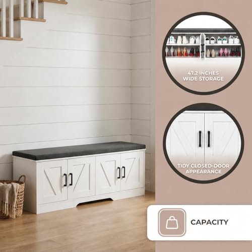 HOMSHO Farmhouse Shoe Storage Bench with 4 Barn Doors & Padded Seat Cushion - Image 5
