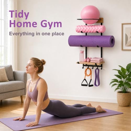 4-in-1 Yoga Mat & Ball Holder Wall Mount Storage, Durable Home Gym Accessories Organizer with Adjustable Solid Pine Floating Shelf & Hooks, 5 Hooks for Hanging Foam Rollers and Resistance Bands - Image 2