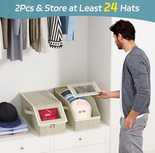 AOODA 2 PCS Stackable Hat Storage for Baseball Caps, Holds up to 24 Caps Hat Organizer for Closet, Sturdy Snapback Boxes for Men with Cardboard, Yellow - Image 2