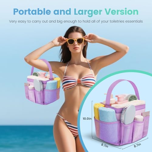 Camping Essentials Shower Caddy Portable for College Dorm Room Essentials for Girls with 9 Pockets,Large-Capacity Shower Caddy Dorm Basket,Quick Dry Shower Bag for Gym,Travel,Swim,Beach-Purple - Image 5