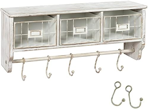 HBCY Creations Wall Mounted Shelf with Coat Hooks and Baskets, Solid Wood Entryway Organizer Wall Shelf with Hooks - Hang Coats, Keys or Coffee Mugs, Rustic Whitewashed 24" Wide - Image 3