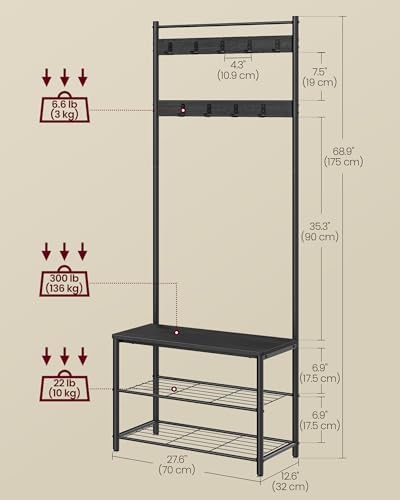 VASAGLE Coat Rack, Hall Tree with Shoe Storage Bench, 3-in-1, Steel Frame - Image 6