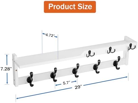 29'' Coat Rack Wall Mount with Shelf, Coat Hanger Wall Mount with Key Hooks and Mail Holder, Wood Entryway Floating Shelf with Hooks and Storage, Hat Rack for Wall Key Holder Mail Organizer - Image 6