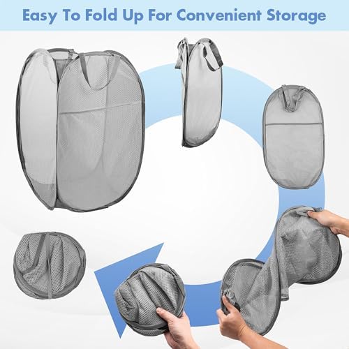 Pop Up Laundry Hamper, 70 L Collapsible Mesh Basket with Side Pocket, Gray - Image 5