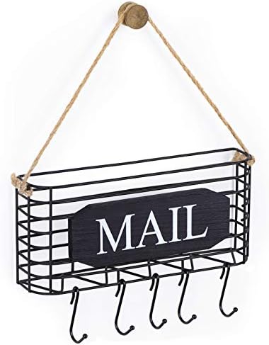 SRIWATANA Rustic Mail Organizer Wall Mount, 5 Key Hooks, Small Size, Black by SRIWATANA