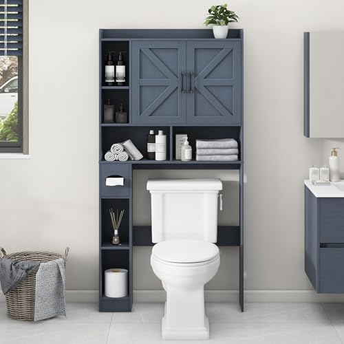 Vabches Over The Toilet Storage Cabinet with 2 Barn Doors, Blue by Vabches