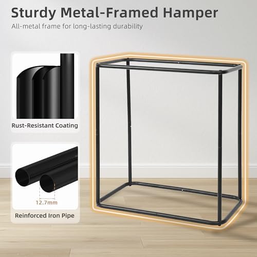 STORAGE MANIAC Double Laundry Hamper with Lid, 140L Tall Metal Frame Laundry Baskets with Removeable Bag, Large Clothes Hamper with PU Tag, Laundry Bin for Dorm, Collage, Bathroom, Bedroom, Gray - Image 4