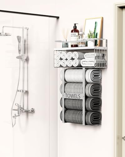 Towel Racks for Bathroom Wall Mounted - Bath Wall Towel Holder Set Above Toilet Storage, Rolled Towel Shelf Organizer for Small Bathroom, Wood Vertical Towel Rack for Bathroom Wall Decor Silver - Image 7
