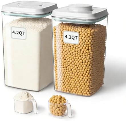 Airtight Food Storage Containers Set with One-Touch Lid, 2-Pack (4.22 QT / 4.0 L) Tall Stackable Durable PET for Bulk Rice, Flour & Baking Essentials Organizer. by EQI