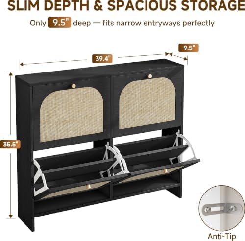 Shoe Cabinet for Entryway with 4 Flip Drawers, 9.5" Slim Wooden Shoe Storage Cabinet Fits Size 12+ Boots, Arched Rattan Hidden Shoe Organizer with Adjustable Shelves for Hallway, Foyer, Living Room - Image 2