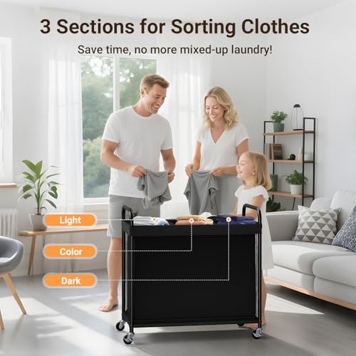 ELYKEN Laundry Hamper 3 Section, 120L Rolling Laundry Sorter with Wheels - Image 6