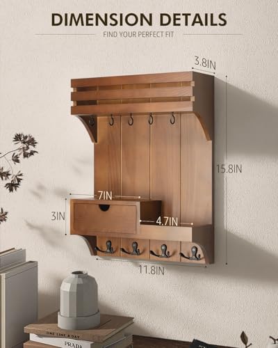 Rebee Vision Key Holder Wall Mount with Drawer Organizer for Entryway,Brown - Image 6