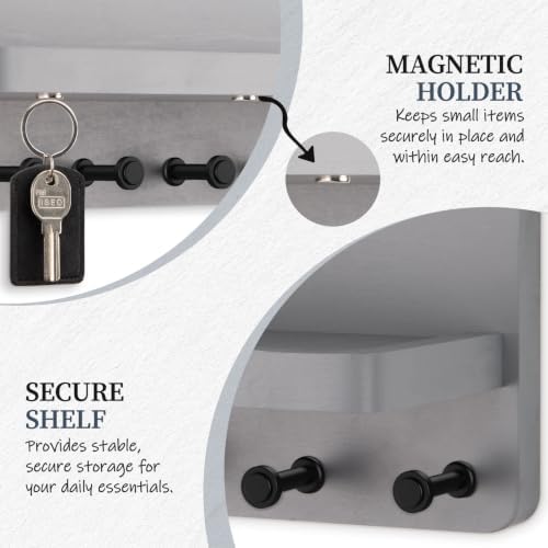 Nekon Key Holder for Wall with Shelf, Pine Wooden Key Hanger, Gray - Image 4