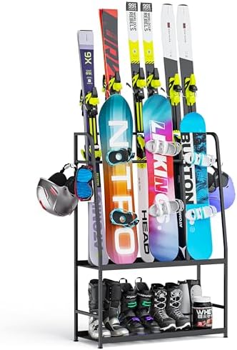 Ski Rack for Garage,Freestanding Snowboard Rack for Ski,Snowboard, Ski Boot,Poles, Goggles, Helmet and More, Heavy Duty Steel Floor Stand Ski Organizer for Garage Basement by Lurgno