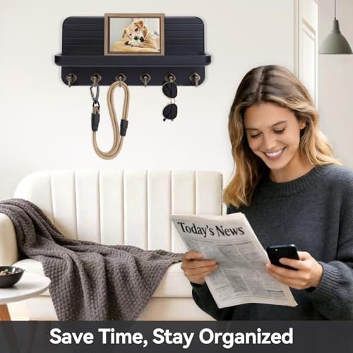 Key Holder for Wall, Mail Organizer Wall Mount with 6 Hooks Wooden Hanging Key Rack for Home Decor, Hallway, Entryway (Black) - Image 2