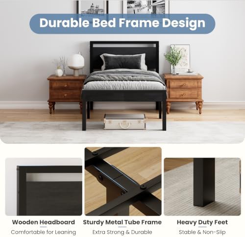 Sweetcrispy 14 Inch Twin Bed Frame with Wood Headboard, Black - Image 4