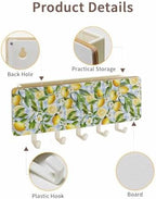 Lemon Key Holder Wall Mount,Country Yellow Fruit Blue Plaid Green Leaf White Hanging Mail Organizer with 5 Key Hooks Wall Decorative,Adhesive Key Rack with Shelf for Hallway Kitchen Entryway Decor - Image 2
