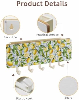 Lemon Key Holder Wall Mount,Country Yellow Fruit Blue Plaid Green Leaf White Hanging Mail Organizer with 5 Key Hooks Wall Decorative,Adhesive Key Rack with Shelf for Hallway Kitchen Entryway Decor - Image 2