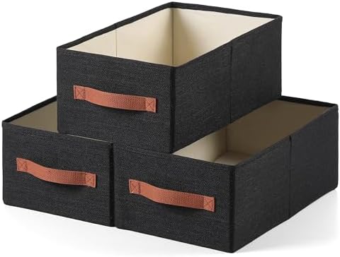 linen closet organizers and storage, 3 Pack Large Storage Baskets, Washable, Clothing Storage Bins with Handle, Closet Organizer for Storage Sweater,Sheets (Black, 16" x9½x6¾) by Unknown