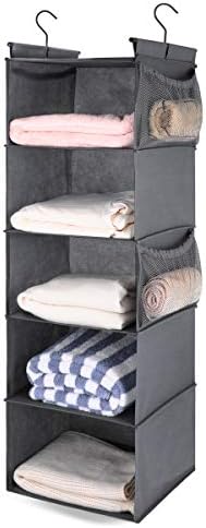 MAX Houser 5 Shelf Foldable Hanging Closet Organizer, Cloth Hanging Shelf with 4 Side Pockets, Space Saver, Grey by MAXHouser