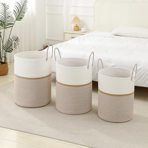 Laundry Basket Hamper Tall Rope Storage Woven for Blanket toys Dirty Clothes in Living Room Bathroom Bedroom (Blend White & Camel, 60L/15.8Gal) - Image 3