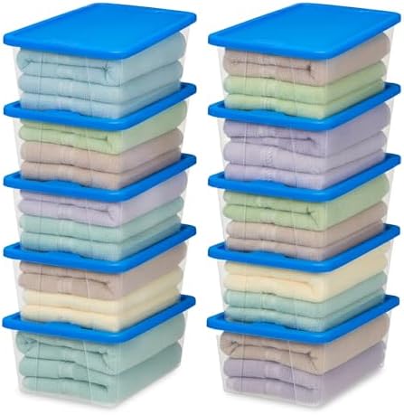 HOMZ 10-Pack Snaplock, Small Clear Plastic Storage Organizer Bins w/Lids, 6 Quart, Blue - Stackable Container Boxes for Bedroom, Bathroom, Garage, and Office Organization by Homz