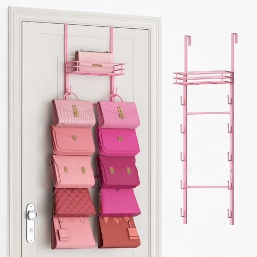 SWTYMIKI Over the Door Purse Organizer - Wall Mounted Handbag Organizer with 10 Hooks and Metal Basket, Hanging Purse Storage Rack Holds up to 10 Bags, Bag Rack Can Use As 1/2 Part, for Door, Closet by SwtyMiki-TidyHomeSweetLife