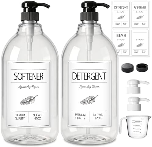 GMISUN Laundry Detergent Dispenser, 2 Pack Liquid Laundry Soap Dispenser, 64oz Storage Container for Farmhouse Laundry Room Decor, Liquid Bottle Organizer for Detergent/Softener/Bleach by GMISUN