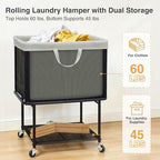 STO STO Rolling Laundry Hamper with Lockable Wheels, 29-Gallon (110L) Laundry Cart with Removable Canvas Bag, 2-Tier Clothes Basket Hamper with Shelf for Closet, Bedroom, Bathroom, Laundry Room, Gray - Image 7