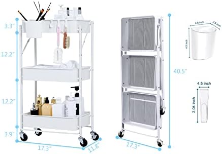 Foldable Rolling Cart 3-Tier Small Foldable Utility Storage Cart Multifunctional Metal Storage Bin Heavy Duty Organizer Carts with Rolling Wheels for Home Office (White) - Image 2