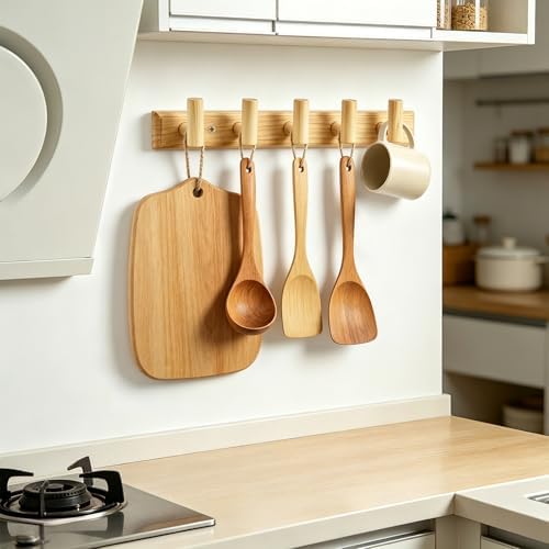 Coat Rack Wall Mount-5 Hooks, Wood Hook Rail for Towel Coat Hat Purse Bag Jacket, Towel Racks for Entryway Bathroom Kitchen Organizer Essential - Image 6